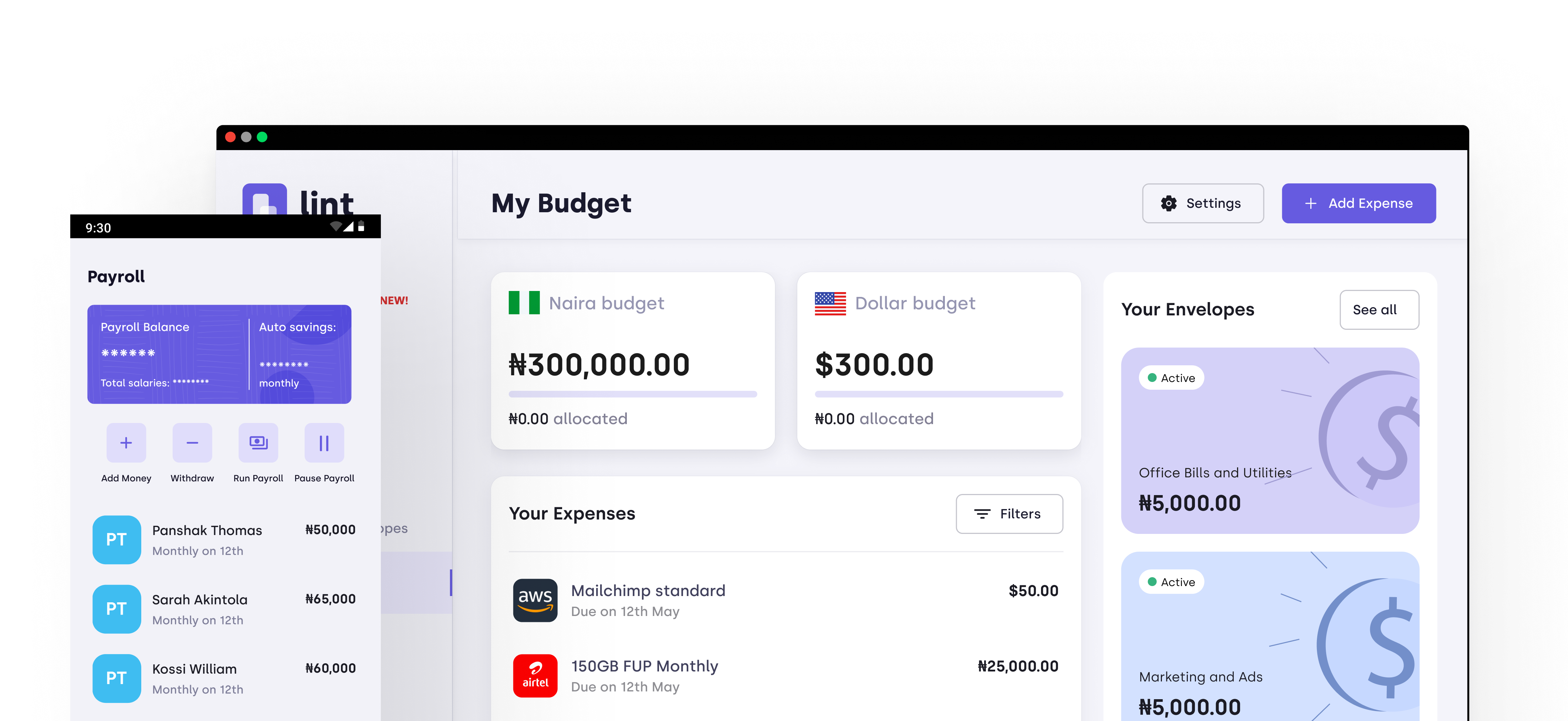Business finance management dashboard showing automated payroll and expense control